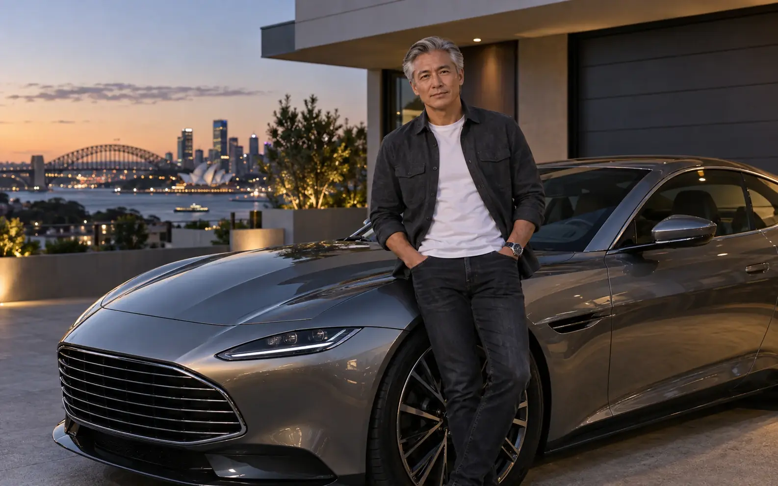 An affluent Australian man standing beside a luxury car