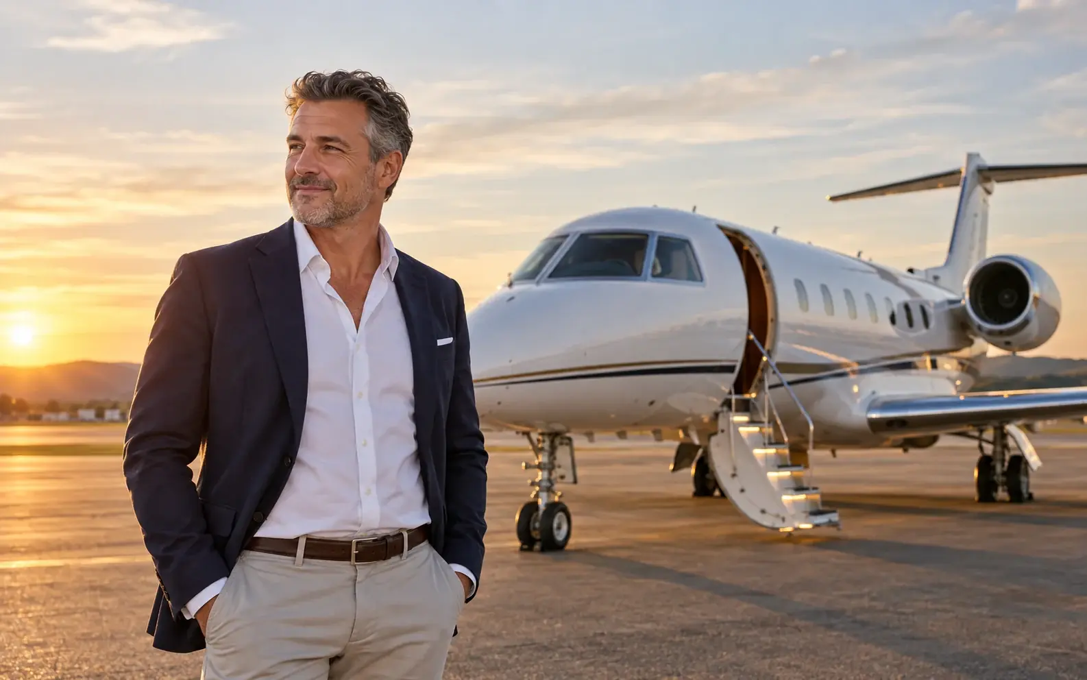 A mature Australian man standing beside a private jet
